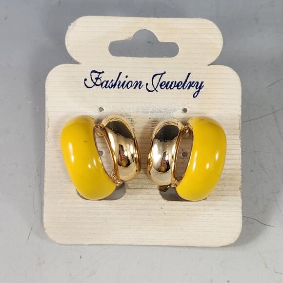 Yellow Enamel Gold Post Style Earrings Pierced Ears Round Hoop 1980s Deco VTG - Picture 2 of 9